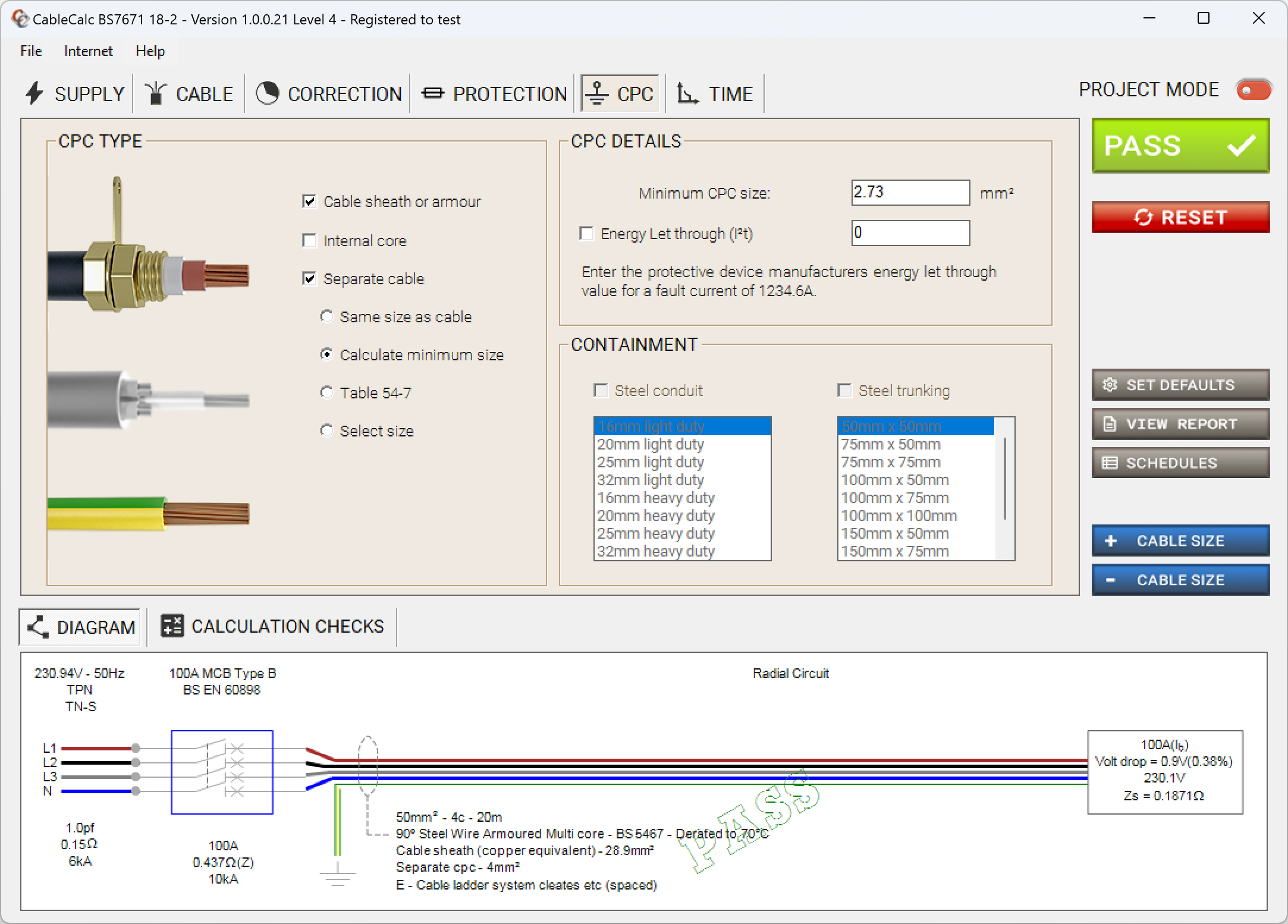 screenshot of CableCalc BS7671